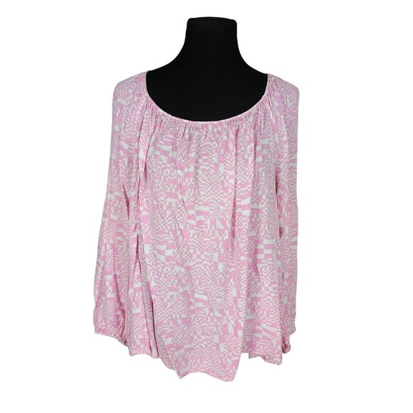 Ava & Viv Womens 2X Pink Geometric Print Blouse‎ With Back Tie & Elastic Cuffs - Picture 1 of 6